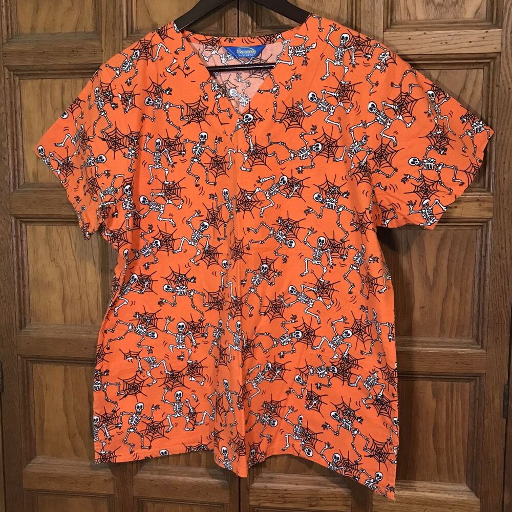 Scrub Wear Halloween Top Women's L Cotton Orange Skull V-Neck SS 2 Pockets Scrub